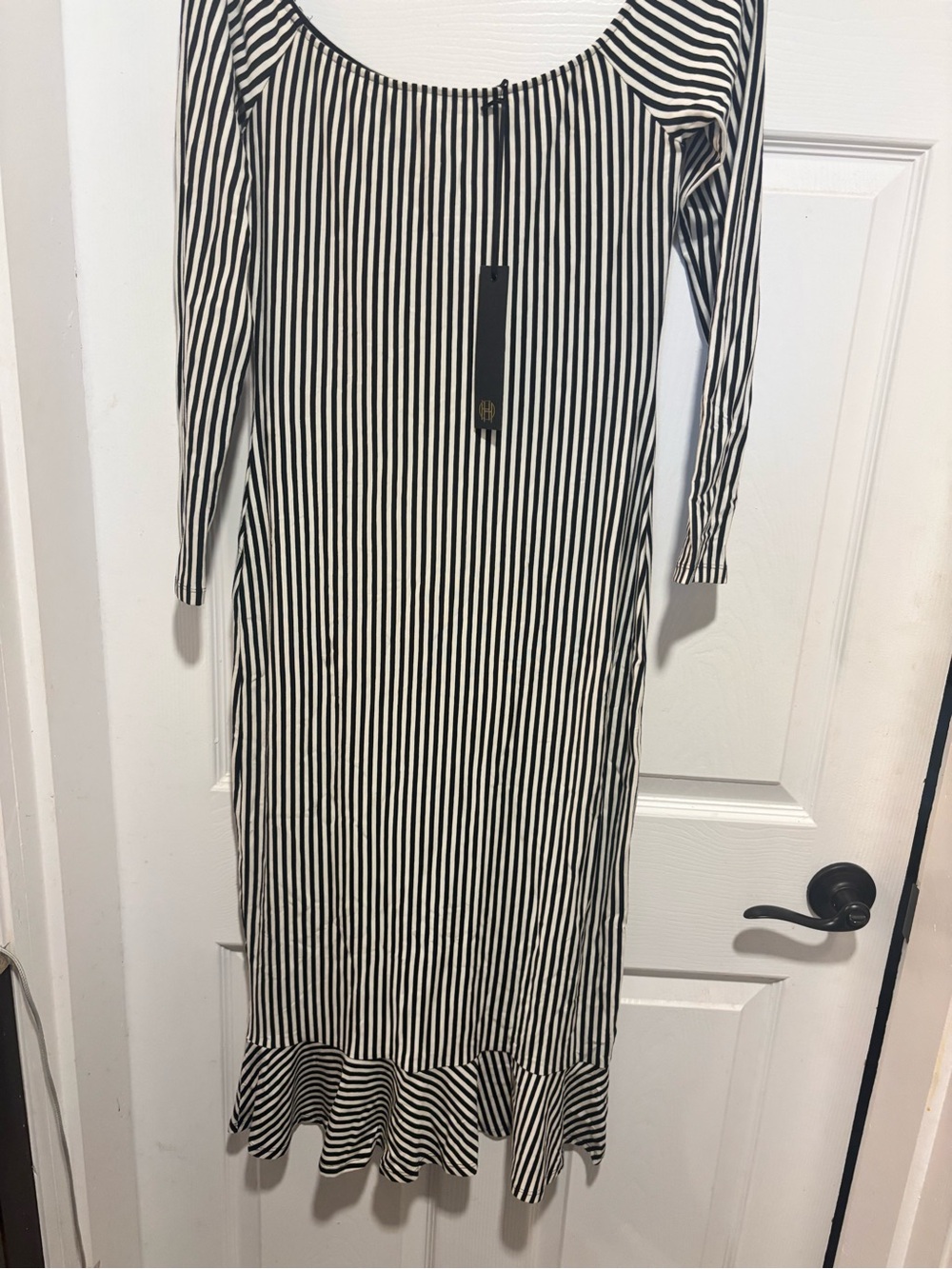 House of Harlow 1960 Striped Black and White Maxi Dress with Ruffle Hem